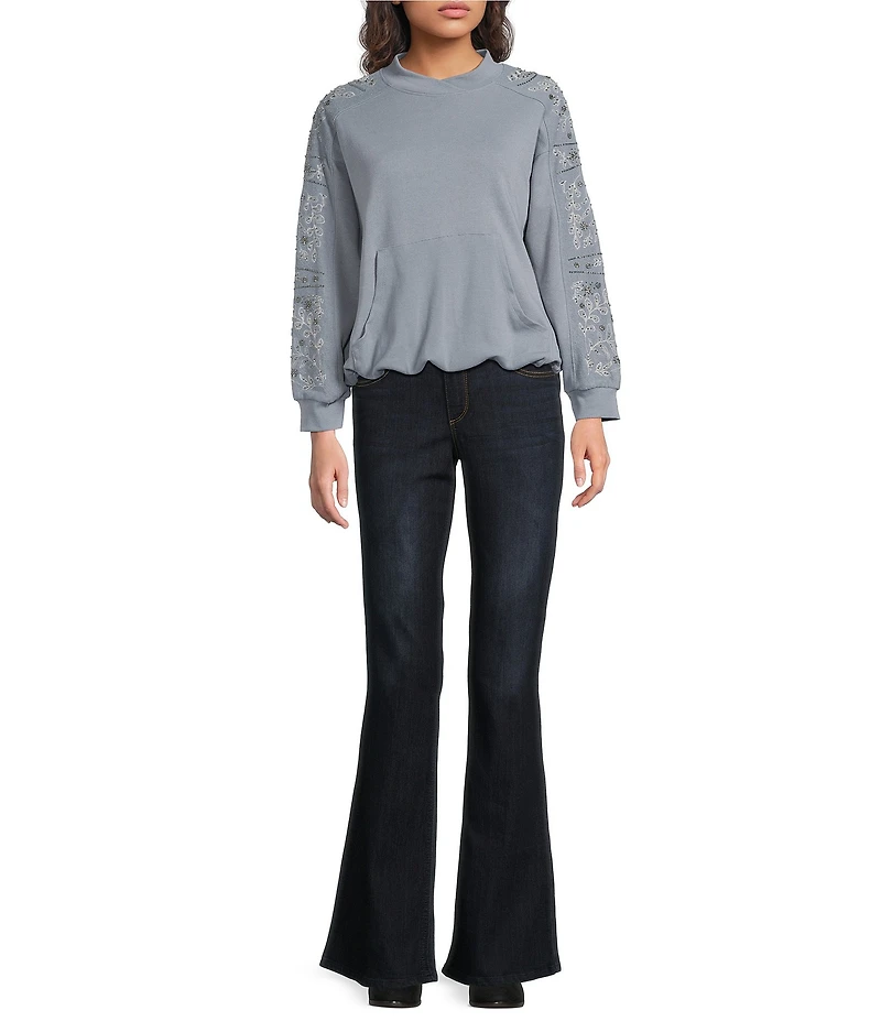 Democracy Embroidered Mixed-Media Mock Neck Long Sleeve Top