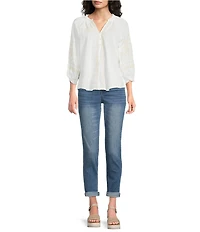 Democracy Embroidered Mixed-Media Ruffle Split V-Neck 3/4 Blouson Sleeve Top