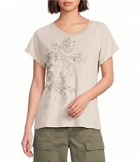 Democracy Embroidered Placement Print Scalloped Crew Neck Short Sleeve Boyfriend Tee