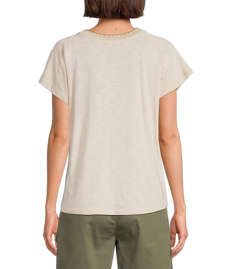 Democracy Embroidered Placement Print Scalloped Crew Neck Short Sleeve Boyfriend Tee