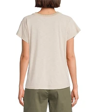 Democracy Embroidered Placement Print Scalloped Crew Neck Short Sleeve Boyfriend Tee