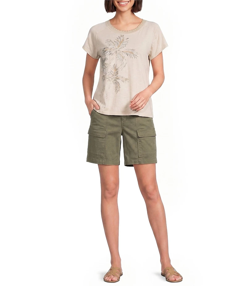 Democracy Embroidered Placement Print Scalloped Crew Neck Short Sleeve Boyfriend Tee