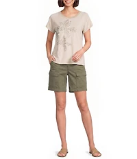 Democracy Embroidered Placement Print Scalloped Crew Neck Short Sleeve Boyfriend Tee