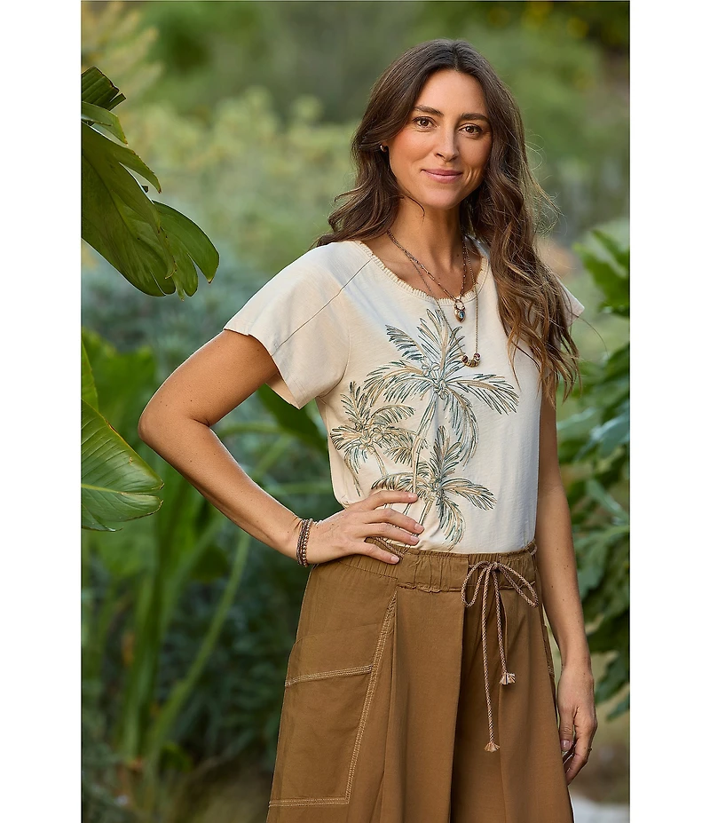 Democracy Embroidered Placement Print Scalloped Crew Neck Short Sleeve Boyfriend Tee