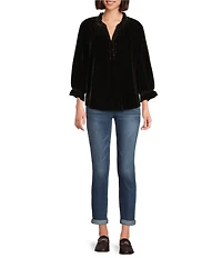 Democracy Embroidered Ruffle Split V-Neck 3/4 Blouson Sleeve Velvet Top