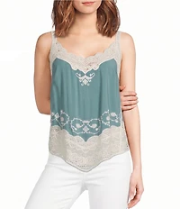Democracy Embroidered Scalloped Crochet V-Neck Sleeveless Asymmetrical Hem Tank Top