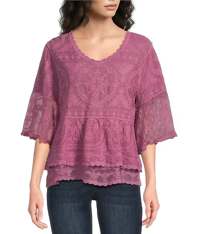 Democracy Embroidered Scoop Neck 3/4 Bell Sleeve Peplum Top