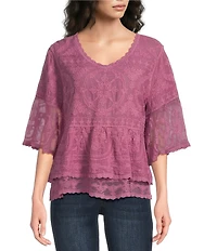 Democracy Embroidered Scoop Neck 3/4 Bell Sleeve Peplum Top