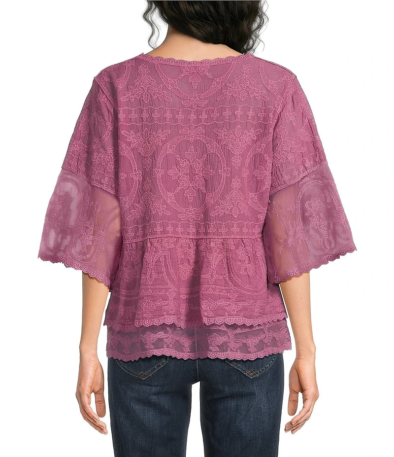 Democracy Embroidered Scoop Neck 3/4 Bell Sleeve Peplum Top