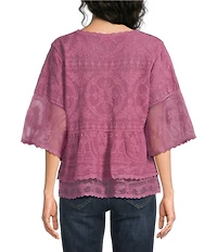 Democracy Embroidered Scoop Neck 3/4 Bell Sleeve Peplum Top