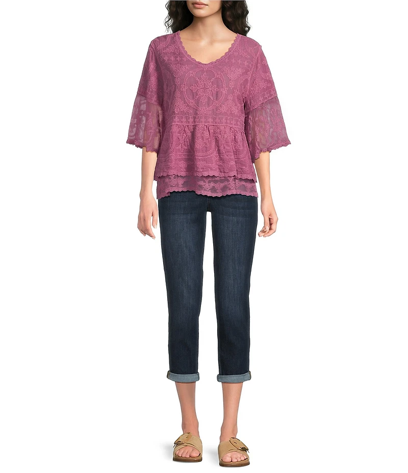 Democracy Embroidered Scoop Neck 3/4 Bell Sleeve Peplum Top