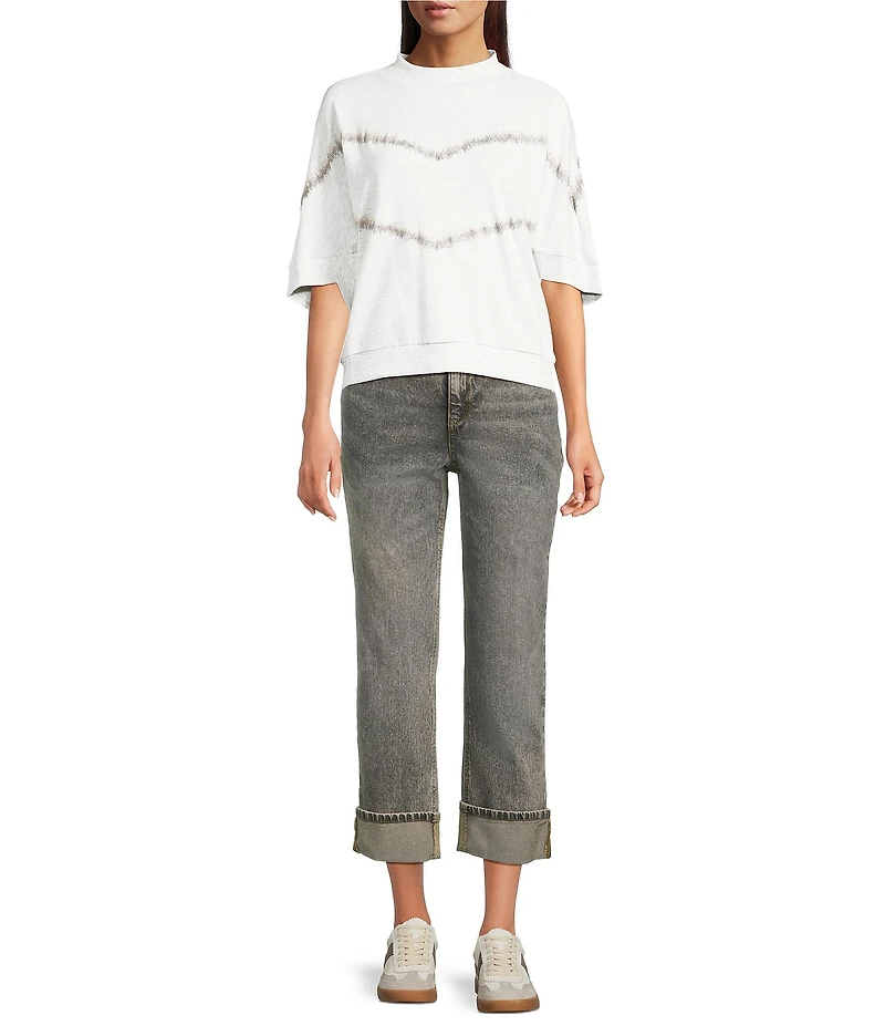 Democracy Embroidered Stripe Mock Neck Elbow Dolman Sleeve Knit Top