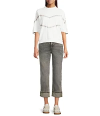 Democracy Embroidered Stripe Mock Neck Elbow Dolman Sleeve Knit Top