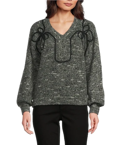 Democracy Embroidered V-Neck Long Raglan Sleeve Sweater
