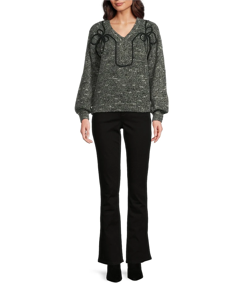 Democracy Embroidered V-Neck Long Raglan Sleeve Sweater