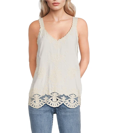 Democracy Embroidered V-Neck Sleeveless Scalloped Hem Tank Top