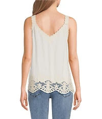 Democracy Embroidered V-Neck Sleeveless Scalloped Hem Tank Top