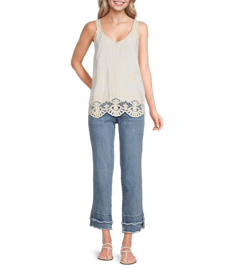 Democracy Embroidered V-Neck Sleeveless Scalloped Hem Tank Top