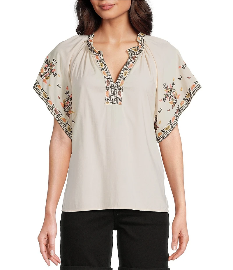 Democracy Floral Embroidered Ruffle Split V-Neck Short Batwing Sleeve Top