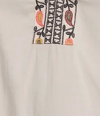 Democracy Floral Embroidered Ruffle Split V-Neck Short Batwing Sleeve Top