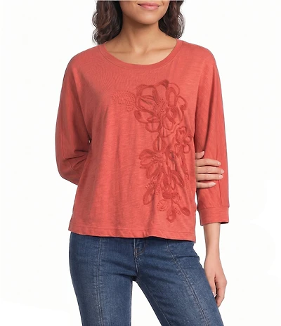 Democracy Floral Embroidered Scoop Neck 3/4 Dolman Sleeve Top