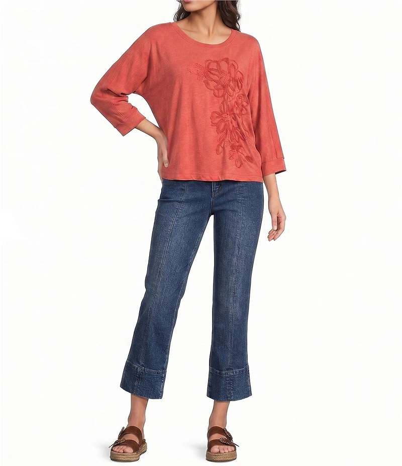 Democracy Floral Embroidered Scoop Neck 3/4 Dolman Sleeve Top