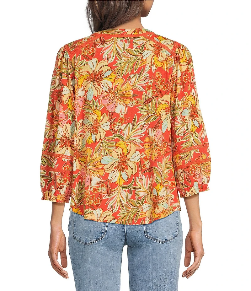 Democracy Floral Knit Mandarin Split V-Neck 3/4 Blouson Sleeve Shirt