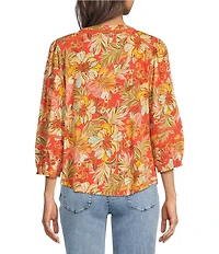 Democracy Floral Knit Mandarin Split V-Neck 3/4 Blouson Sleeve Shirt
