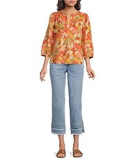 Democracy Floral Knit Mandarin Split V-Neck 3/4 Blouson Sleeve Shirt