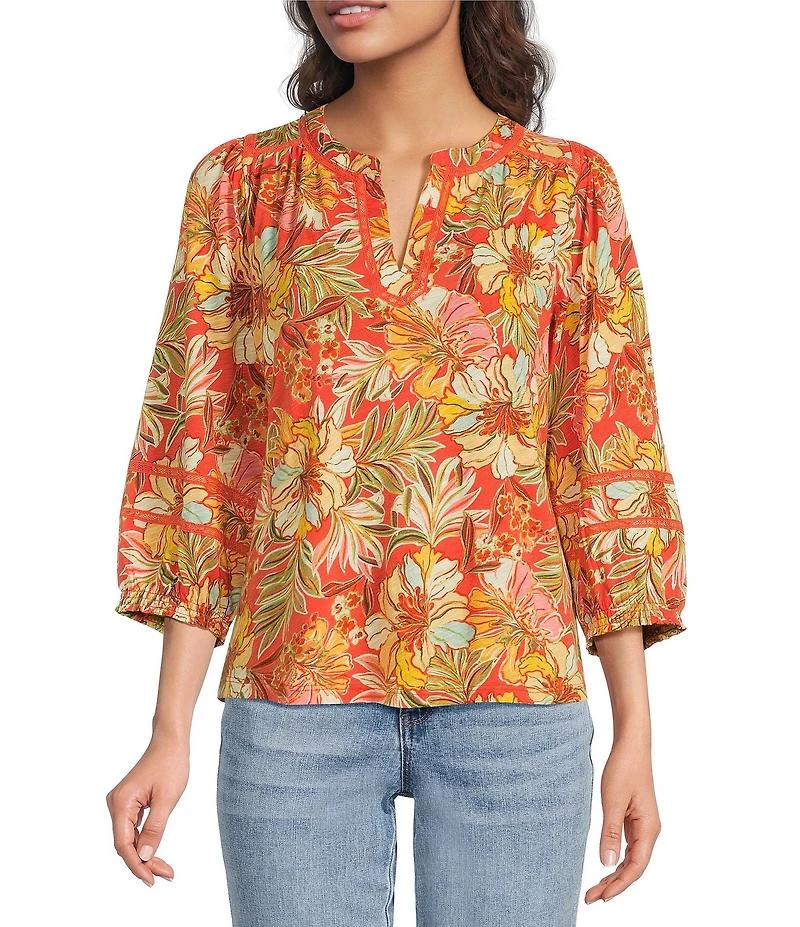 Democracy Floral Knit Mandarin Split V-Neck 3/4 Blouson Sleeve Shirt