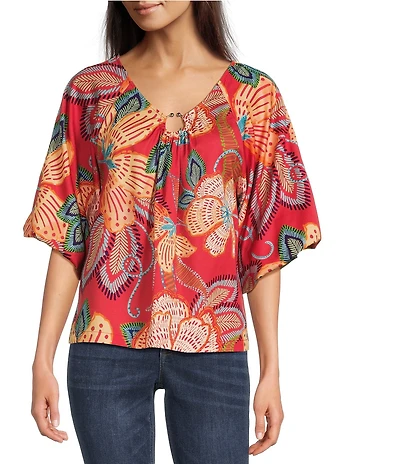 Democracy Floral Metal Ring V-Neck Elbow Sleeve Top