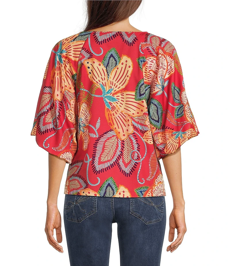 Democracy Floral Metal Ring V-Neck Elbow Sleeve Top