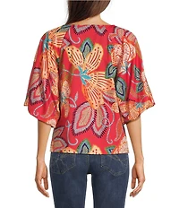Democracy Floral Metal Ring V-Neck Elbow Sleeve Top
