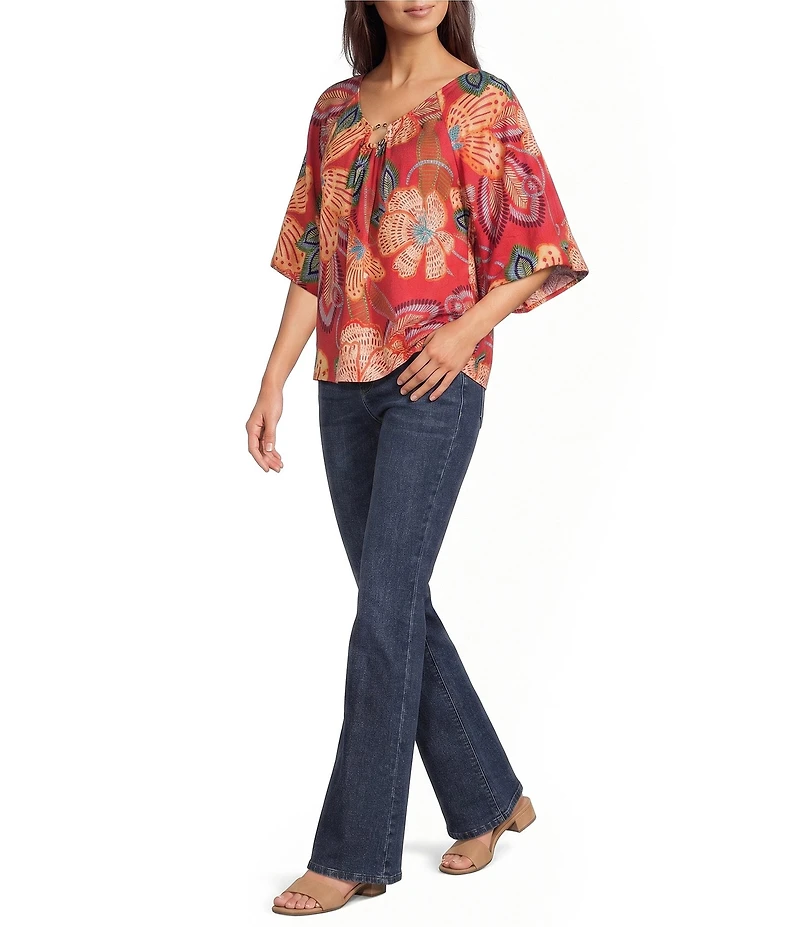 Democracy Floral Metal Ring V-Neck Elbow Sleeve Top