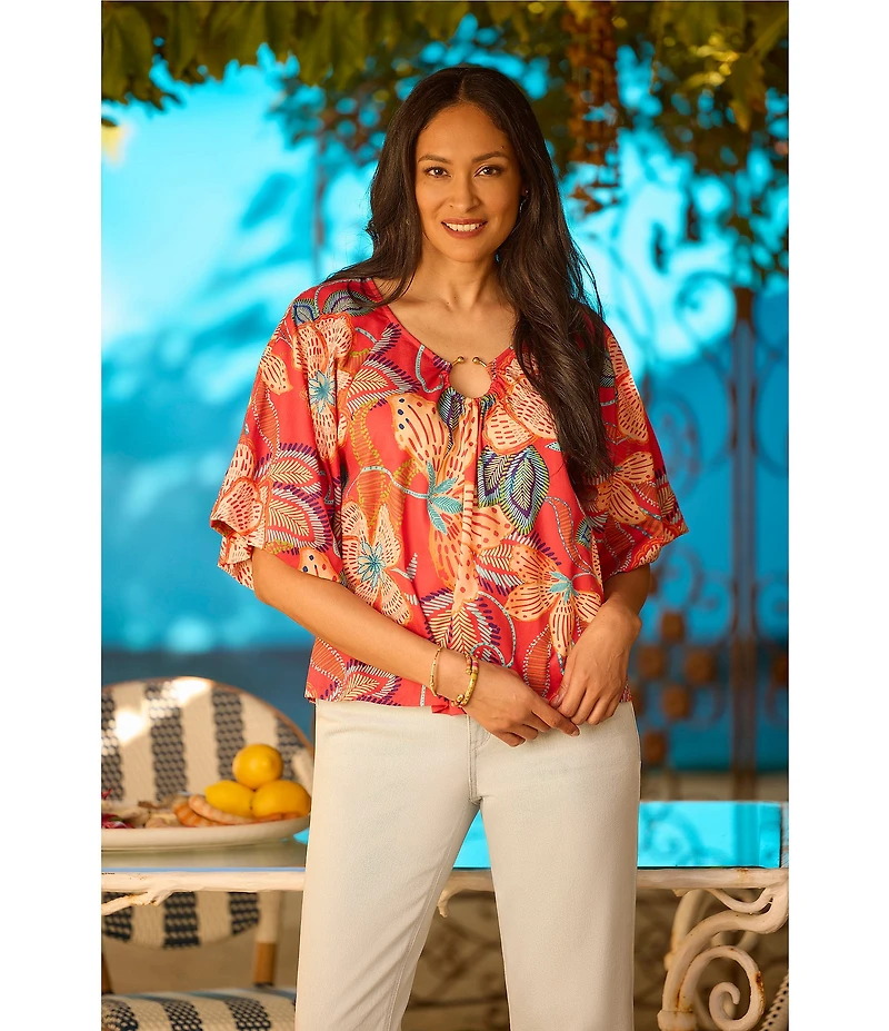 Democracy Floral Metal Ring V-Neck Elbow Sleeve Top