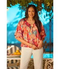Democracy Floral Metal Ring V-Neck Elbow Sleeve Top
