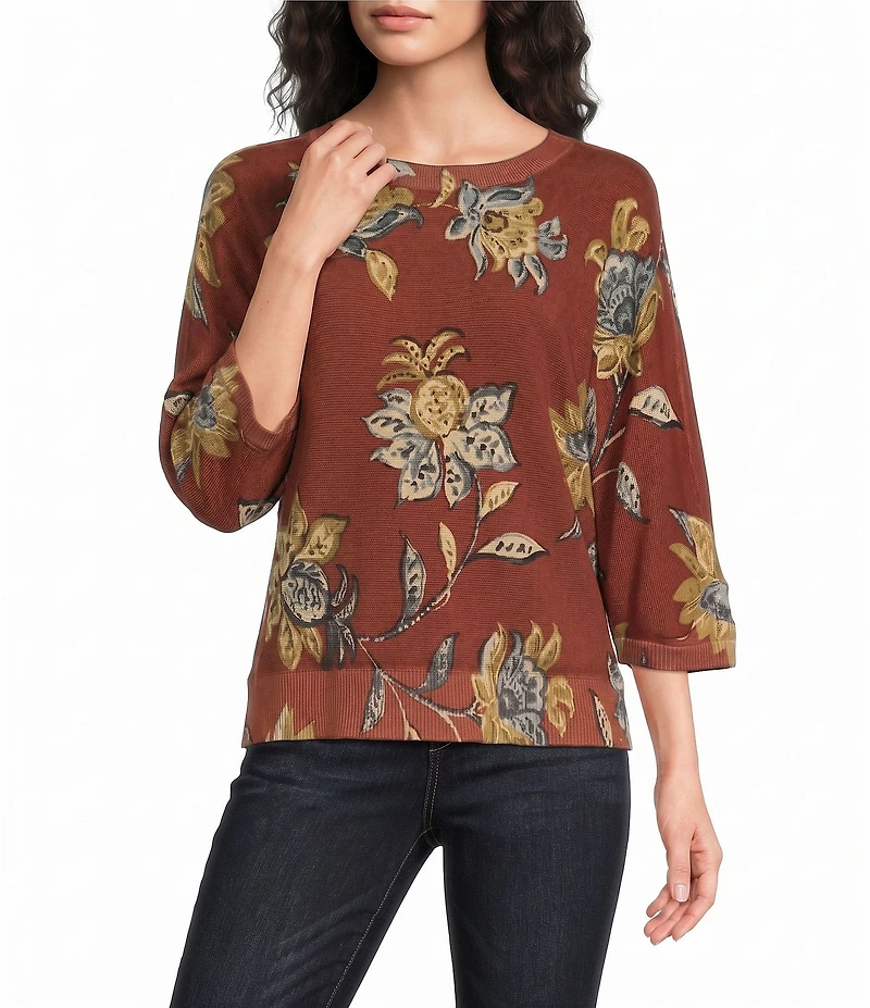 Democracy Floral Round Neck 3/4 Dolman Sleeve Sweater
