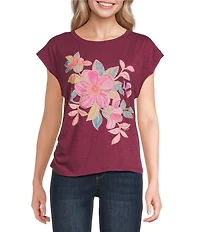 Democracy Floral Scoop Neck Cap Sleeve Asymmetrical Side Ruched Tee Top