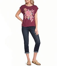 Democracy Floral Scoop Neck Cap Sleeve Asymmetrical Side Ruched Tee Top