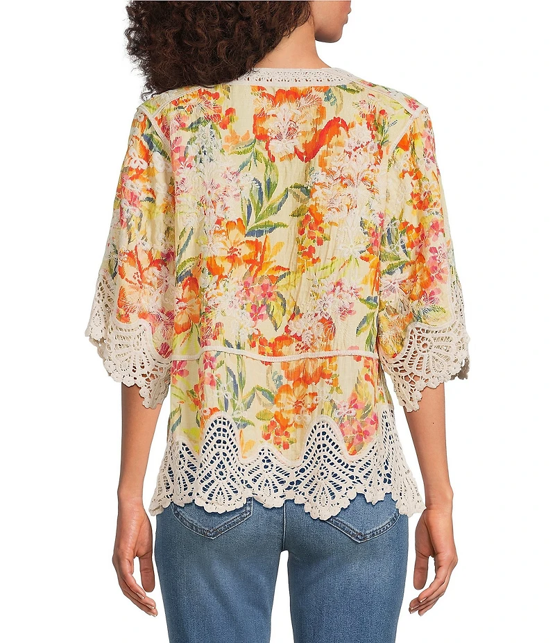 Democracy Floral V-Neck 3/4 Sleeve Crochet Peplum Top