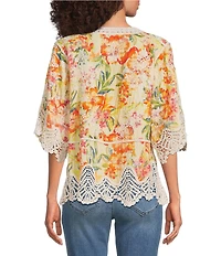 Democracy Floral V-Neck 3/4 Sleeve Crochet Peplum Top