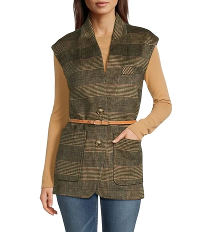 Democracy Glen Plaid Stand Collar Sleeveless Belted Vest