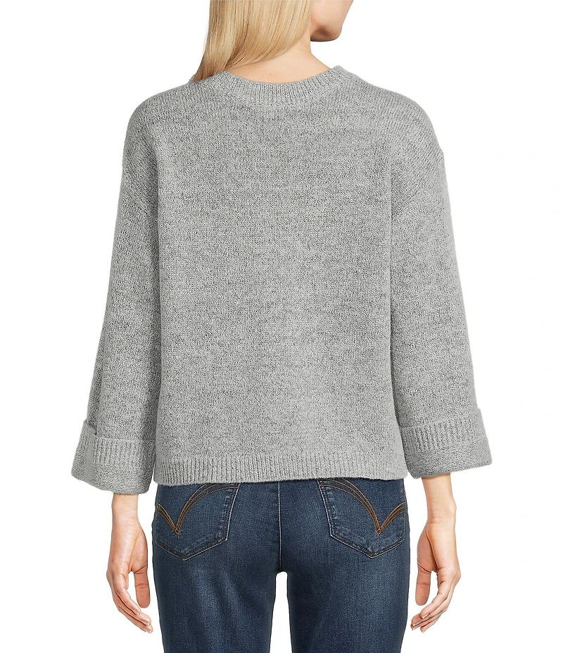 Democracy Jacquard Floral Wool Blend Ribbed Round Neck Long Sleeve Sweater