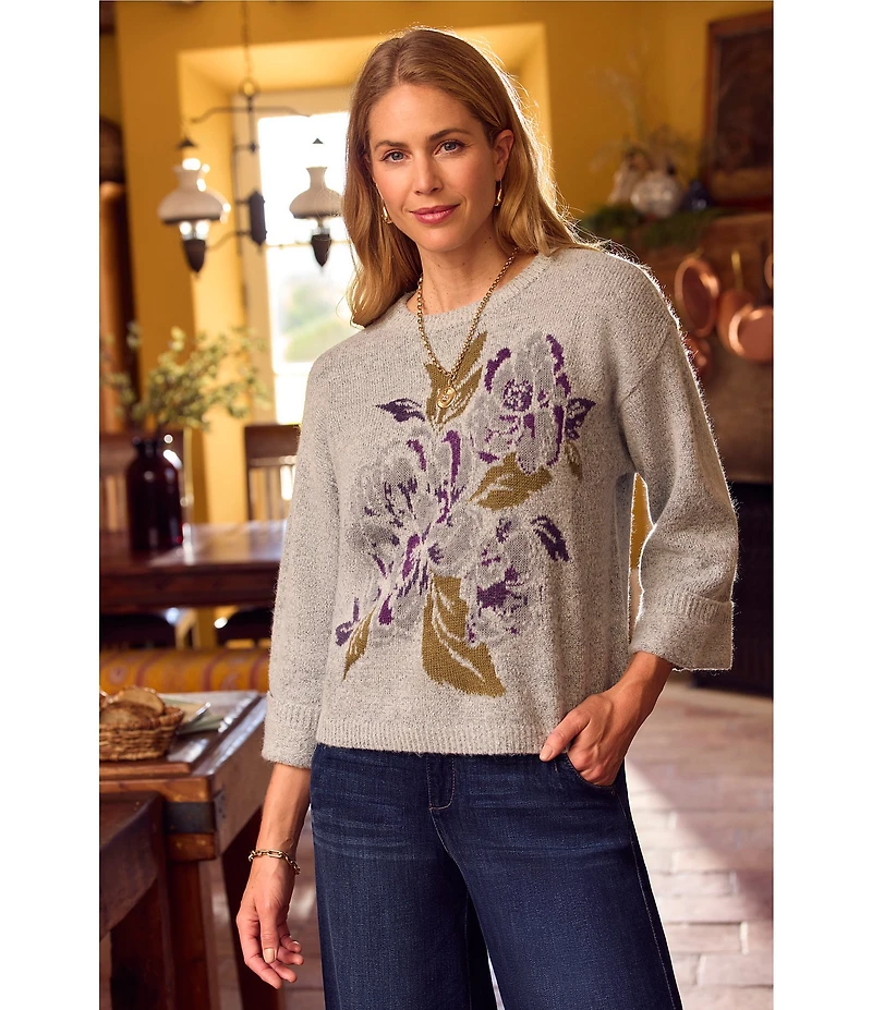 Democracy Jacquard Floral Wool Blend Ribbed Round Neck Long Sleeve Sweater