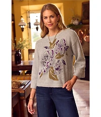 Democracy Jacquard Floral Wool Blend Ribbed Round Neck Long Sleeve Sweater