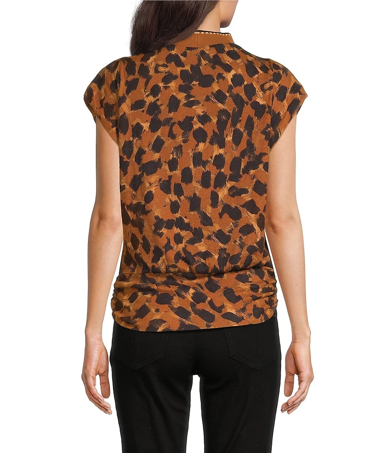 Democracy Knit Animal Print Mock Neck Cap Sleeve Ruched Fitted Hem Top