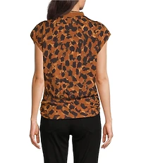 Democracy Knit Animal Print Mock Neck Cap Sleeve Ruched Fitted Hem Top