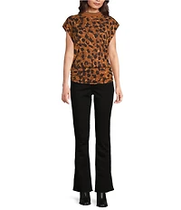 Democracy Knit Animal Print Mock Neck Cap Sleeve Ruched Fitted Hem Top
