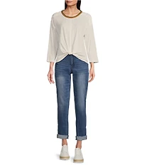 Democracy Knit Crochet Scoop Neck 3/4 Sleeve Front Knot Hem Top