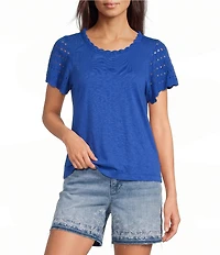 Democracy Knit Crochet Scoop Neck Short Flutter Sleeve Top